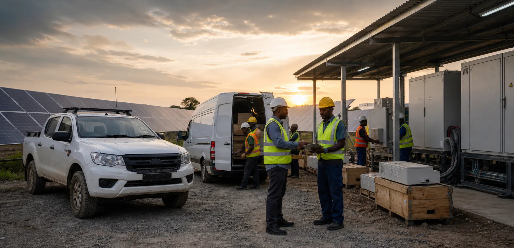 Logistics team supporting equipment delivery at a solar energy site