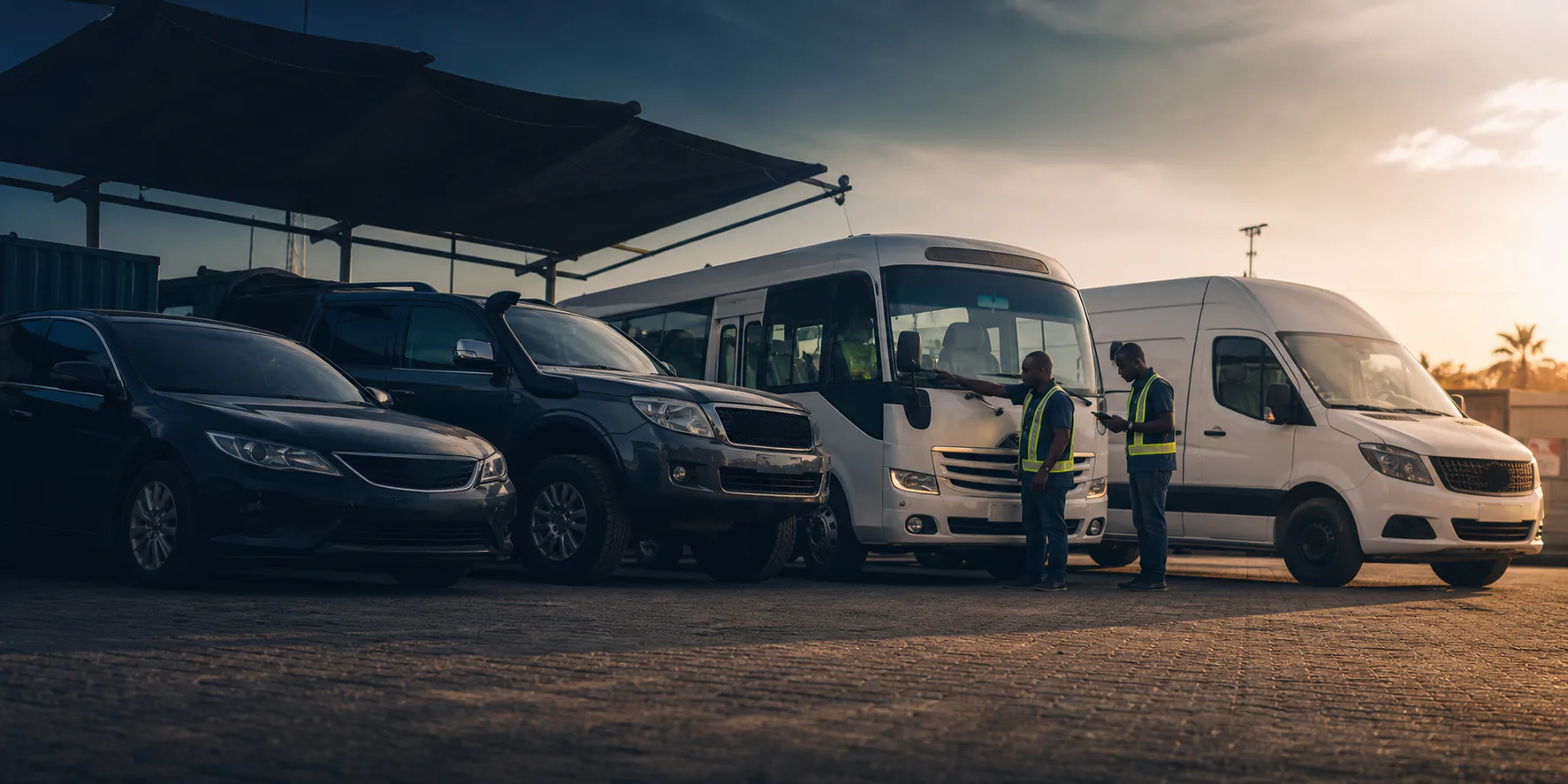 Mixed corporate transport fleet undergoing inspection at a depot